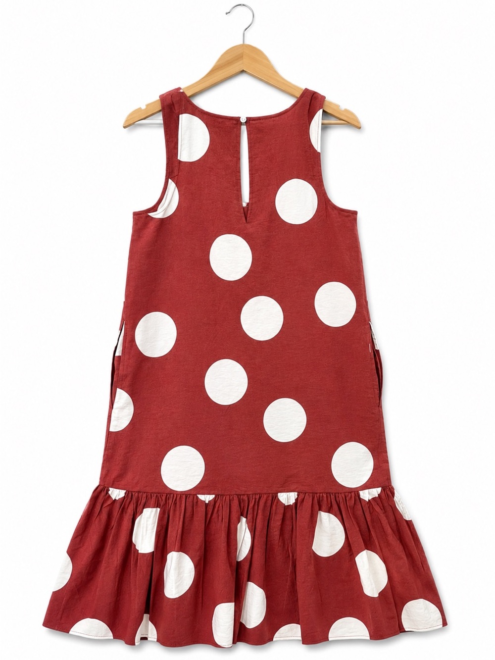 Anthropologie Polka Dot Midi Dress Small Burgundy White Sleeveless Ruffle Hem S - Picture 2 of 11